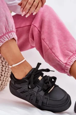 Buty Sportowe Na Platformie|Sneakersy Damskie></noscript>Boto Eko Skórzane Sneakersy Na Platformie Czarne Penolle Czarny