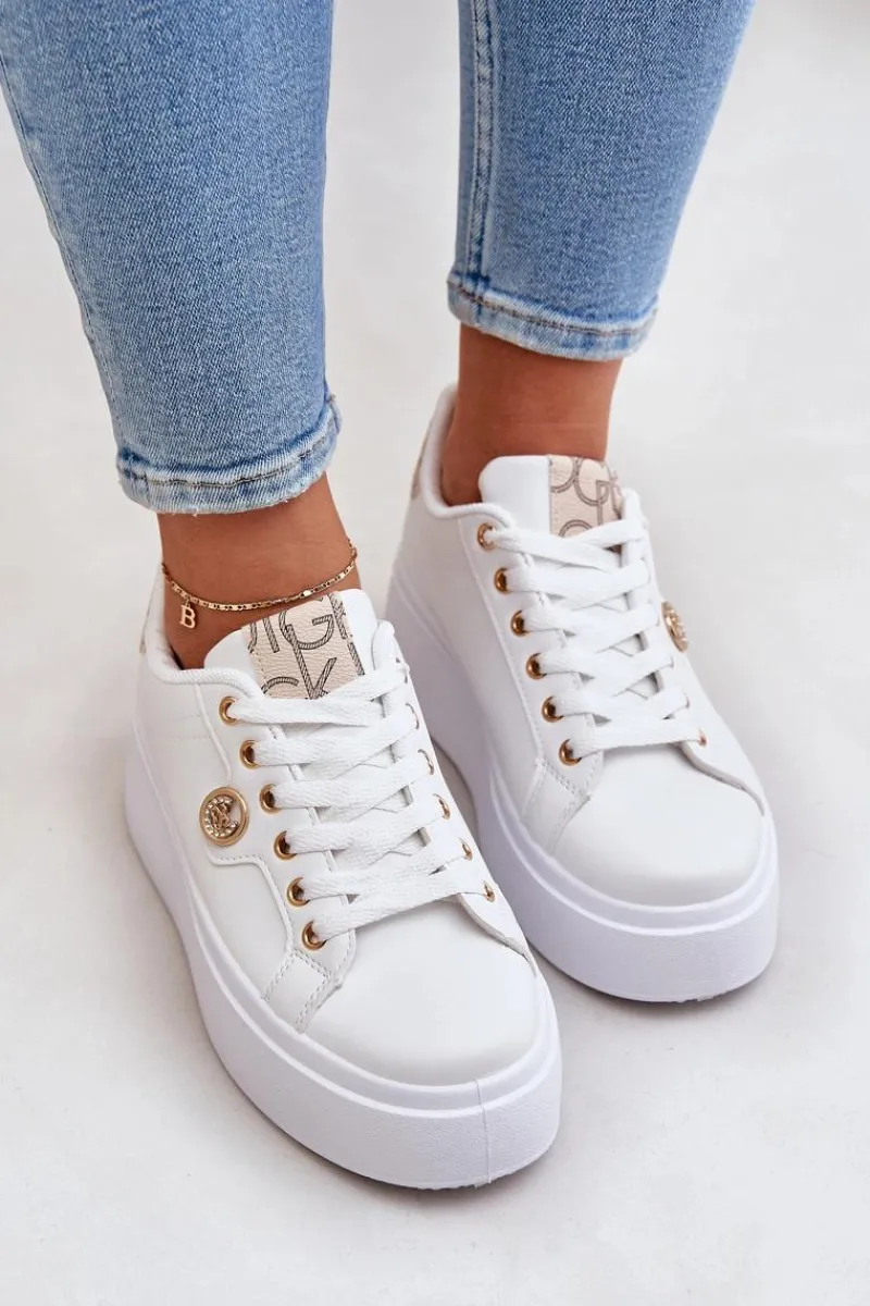 Buty Sportowe Na Platformie|Sneakersy Damskie>Boto Eko Skórzane Sneakersy Na Platformie Ze Złotym Detalem Biało-Beżowe Zingie