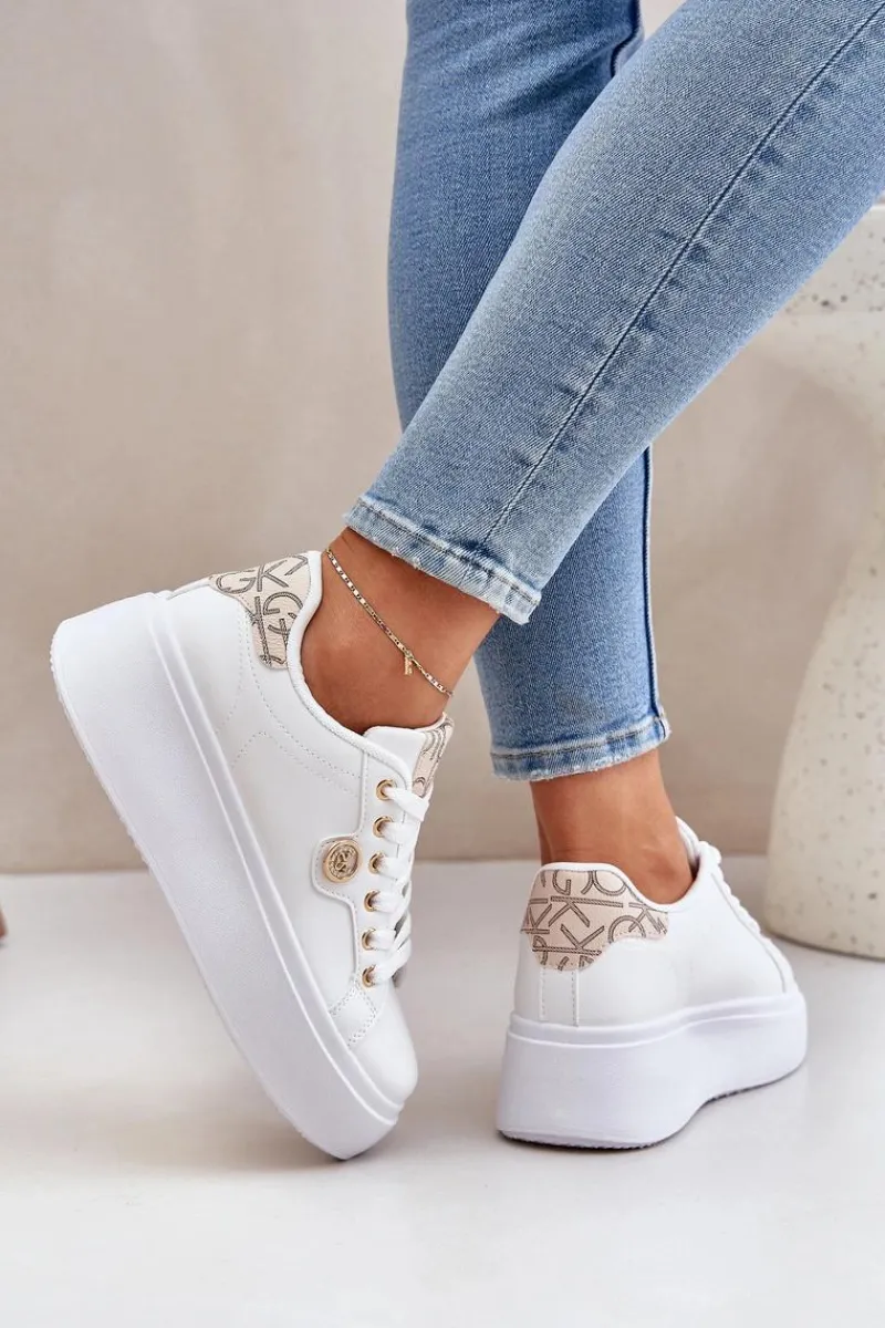 Buty Sportowe Na Platformie|Sneakersy Damskie>Boto Eko Skórzane Sneakersy Na Platformie Ze Złotym Detalem Biało-Beżowe Zingie