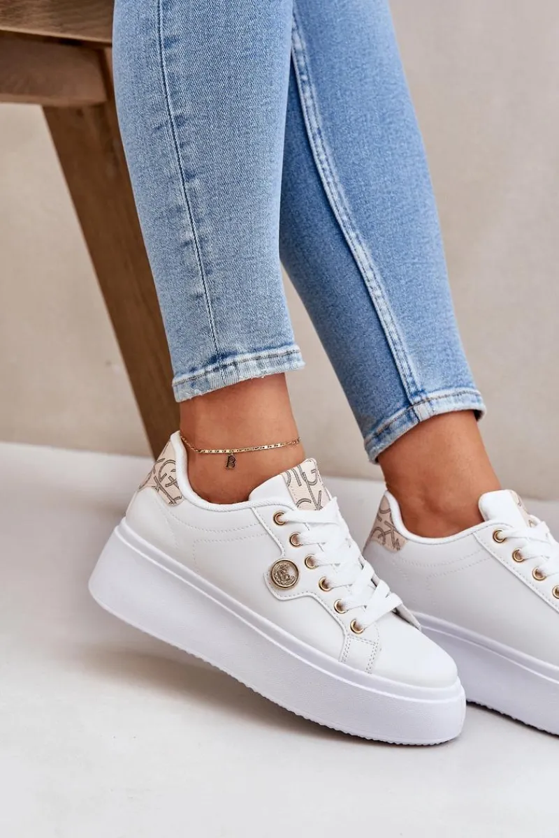 Buty Sportowe Na Platformie|Sneakersy Damskie>Boto Eko Skórzane Sneakersy Na Platformie Ze Złotym Detalem Biało-Beżowe Zingie
