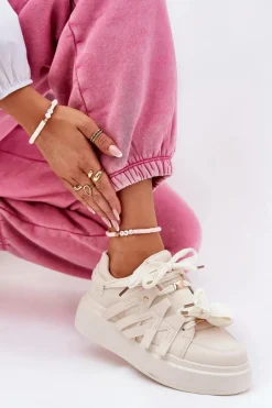 New Eko Skórzane Sneakersy Na Platformie Beżowe Penolle Damskie Buty Sportowe Na Platformie|Sneakersy Damskie