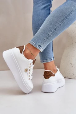 Sale Boto Eko Skórzane Sneakersy Na Platformie Ze Złotym Detalem Biało-Brązowe Zingie