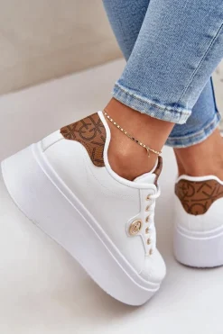 Sale Boto Eko Skórzane Sneakersy Na Platformie Ze Złotym Detalem Biało-Brązowe Zingie