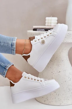 Sale Boto Eko Skórzane Sneakersy Na Platformie Ze Złotym Detalem Biało-Brązowe Zingie