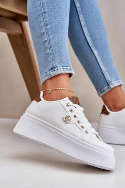 Sale Boto Eko Skórzane Sneakersy Na Platformie Ze Złotym Detalem Biało-Brązowe Zingie