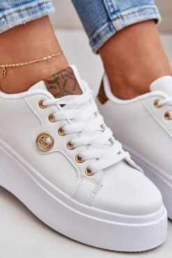 Sale Boto Eko Skórzane Sneakersy Na Platformie Ze Złotym Detalem Biało-Brązowe Zingie