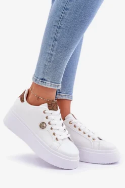 Sale Boto Eko Skórzane Sneakersy Na Platformie Ze Złotym Detalem Biało-Brązowe Zingie