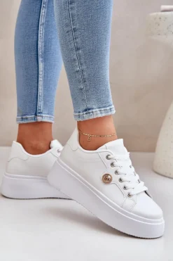 Buty Sportowe Na Platformie|Sneakersy Damskie>Boto Eko Skórzane Sneakersy Na Platformie Ze Złotym Detalem Białe Zingie