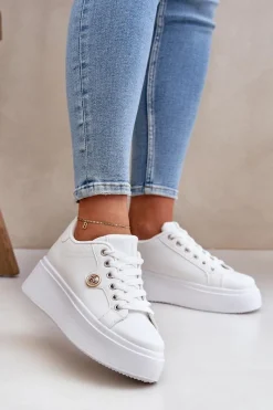 Buty Sportowe Na Platformie|Sneakersy Damskie>Boto Eko Skórzane Sneakersy Na Platformie Ze Złotym Detalem Białe Zingie
