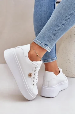 Buty Sportowe Na Platformie|Sneakersy Damskie></noscript>Boto Eko Skórzane Sneakersy Na Platformie Ze Złotym Detalem Białe Zingie