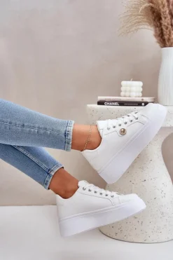 Buty Sportowe Na Platformie|Sneakersy Damskie></noscript>Boto Eko Skórzane Sneakersy Na Platformie Ze Złotym Detalem Białe Zingie