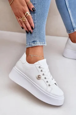 Buty Sportowe Na Platformie|Sneakersy Damskie></noscript>Boto Eko Skórzane Sneakersy Na Platformie Ze Złotym Detalem Białe Zingie