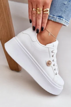 Buty Sportowe Na Platformie|Sneakersy Damskie></noscript>Boto Eko Skórzane Sneakersy Na Platformie Ze Złotym Detalem Białe Zingie