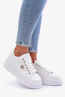 Buty Sportowe Na Platformie|Sneakersy Damskie></noscript>Boto Eko Skórzane Sneakersy Na Platformie Ze Złotym Detalem Białe Zingie