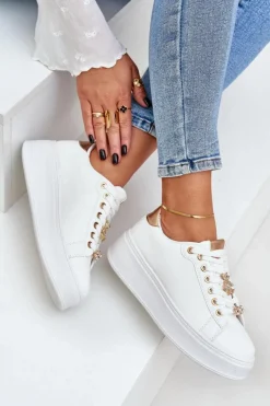 Online Eko Skórzane Sneakersy Z Przypinkami Biało-Złote Enalirae Damskie Buty Sportowe Na Platformie|Sneakersy Damskie
