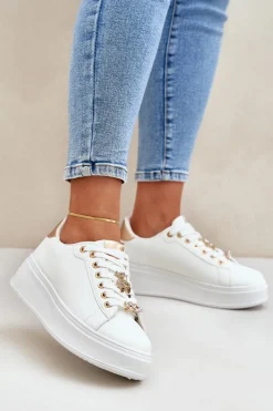Online Eko Skórzane Sneakersy Z Przypinkami Biało-Złote Enalirae Damskie Buty Sportowe Na Platformie|Sneakersy Damskie