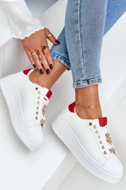 Outlet Eko Skórzane Sneakersy Z Przypinkami Biało-Czerwone Enalirae Damskie Buty Sportowe Na Platformie|Sneakersy Damskie
