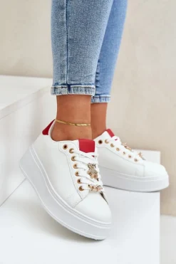 Outlet Eko Skórzane Sneakersy Z Przypinkami Biało-Czerwone Enalirae Damskie Buty Sportowe Na Platformie|Sneakersy Damskie