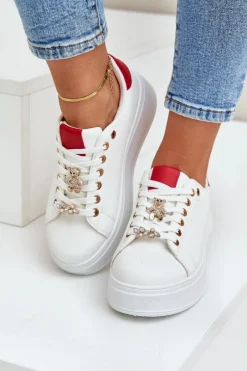 Outlet Eko Skórzane Sneakersy Z Przypinkami Biało-Czerwone Enalirae Damskie Buty Sportowe Na Platformie|Sneakersy Damskie