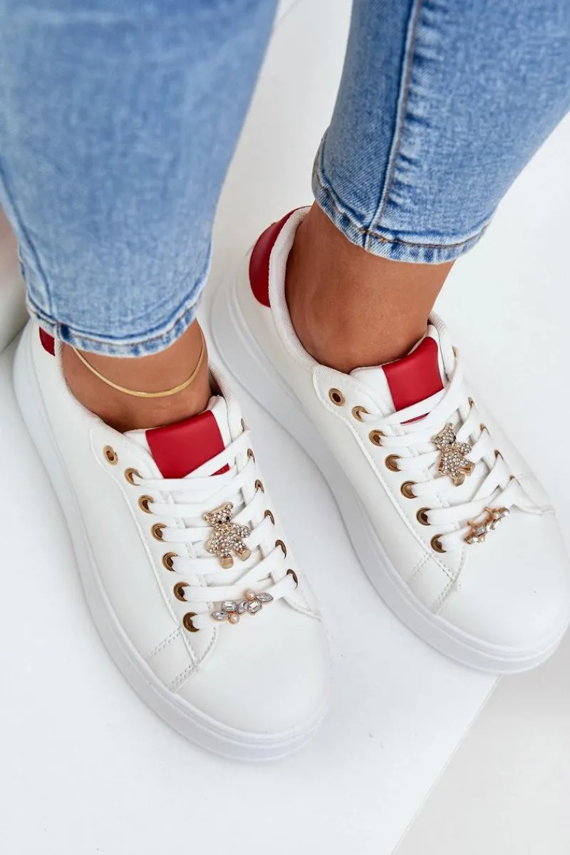 Outlet Eko Skórzane Sneakersy Z Przypinkami Biało-Czerwone Enalirae Damskie Buty Sportowe Na Platformie|Sneakersy Damskie