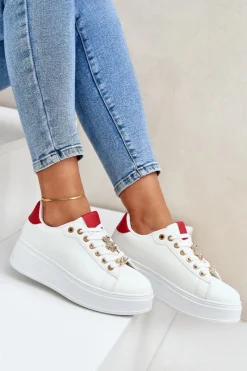 Outlet Eko Skórzane Sneakersy Z Przypinkami Biało-Czerwone Enalirae Damskie Buty Sportowe Na Platformie|Sneakersy Damskie