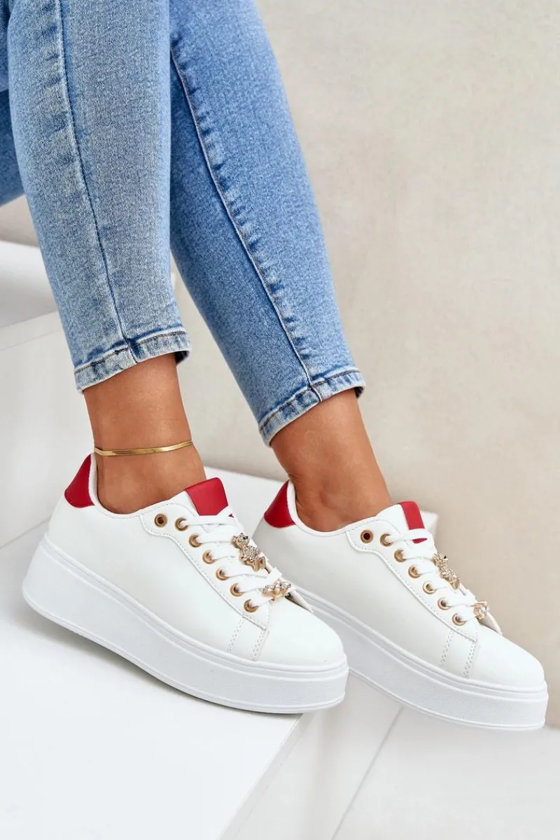 Outlet Eko Skórzane Sneakersy Z Przypinkami Biało-Czerwone Enalirae Damskie Buty Sportowe Na Platformie|Sneakersy Damskie