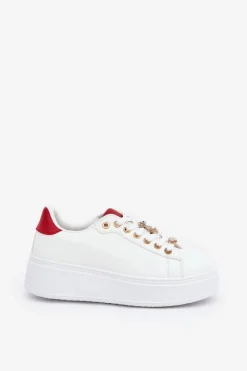 Outlet Eko Skórzane Sneakersy Z Przypinkami Biało-Czerwone Enalirae Damskie Buty Sportowe Na Platformie|Sneakersy Damskie