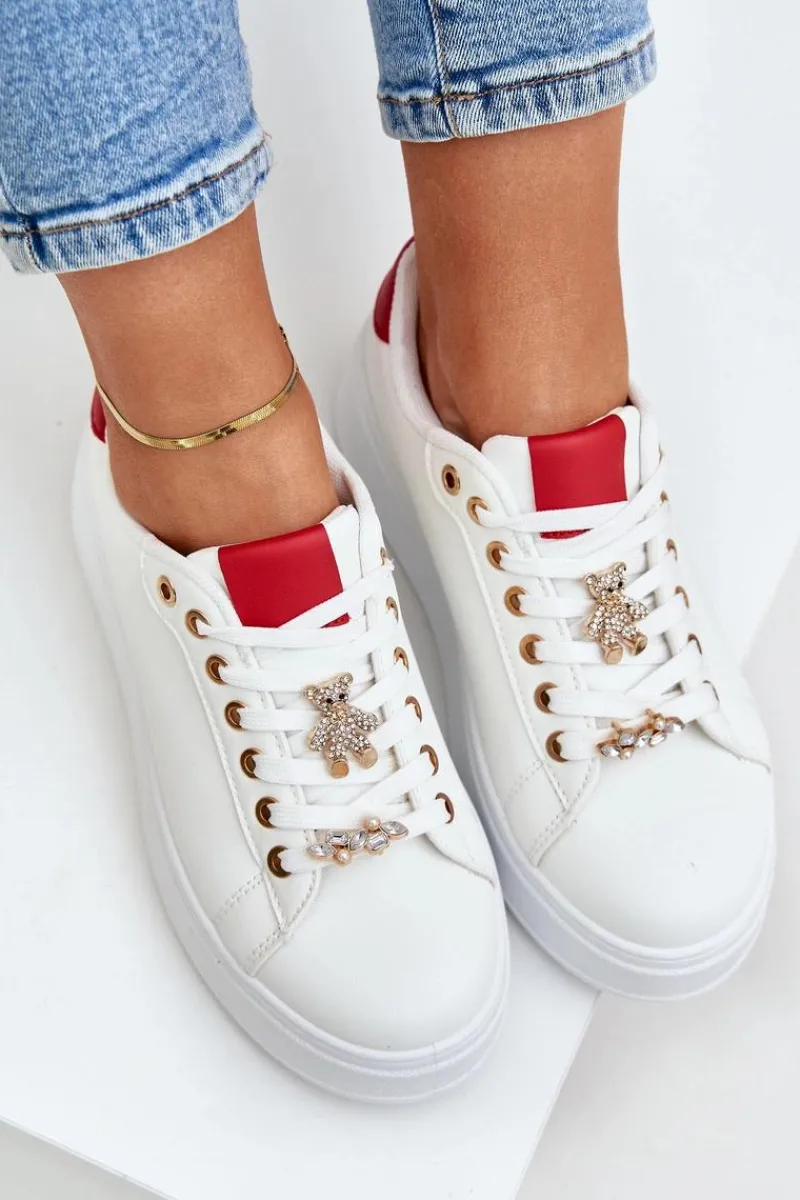 Outlet Eko Skórzane Sneakersy Z Przypinkami Biało-Czerwone Enalirae Damskie Buty Sportowe Na Platformie|Sneakersy Damskie