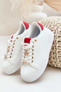 Outlet Eko Skórzane Sneakersy Z Przypinkami Biało-Czerwone Enalirae Damskie Buty Sportowe Na Platformie|Sneakersy Damskie