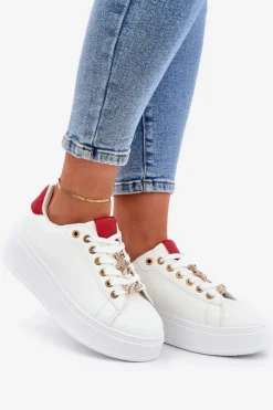 Outlet Eko Skórzane Sneakersy Z Przypinkami Biało-Czerwone Enalirae Damskie Buty Sportowe Na Platformie|Sneakersy Damskie