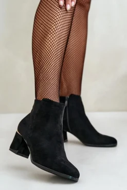 Eko Zamszowe Botki Na Słupku Zapinane Na Zamek Czarne Sairis Damskie Brązowe I Beżowe Botki|Botki Na Obcasie