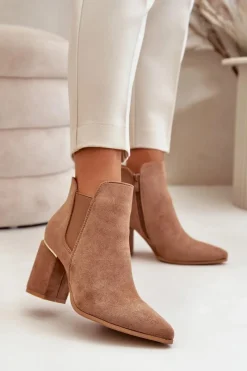 New Eko Zamszowe Botki Na Słupku Ocieplane Brązowe Daivine Damskie Brązowe I Beżowe Botki|Botki Na Obcasie