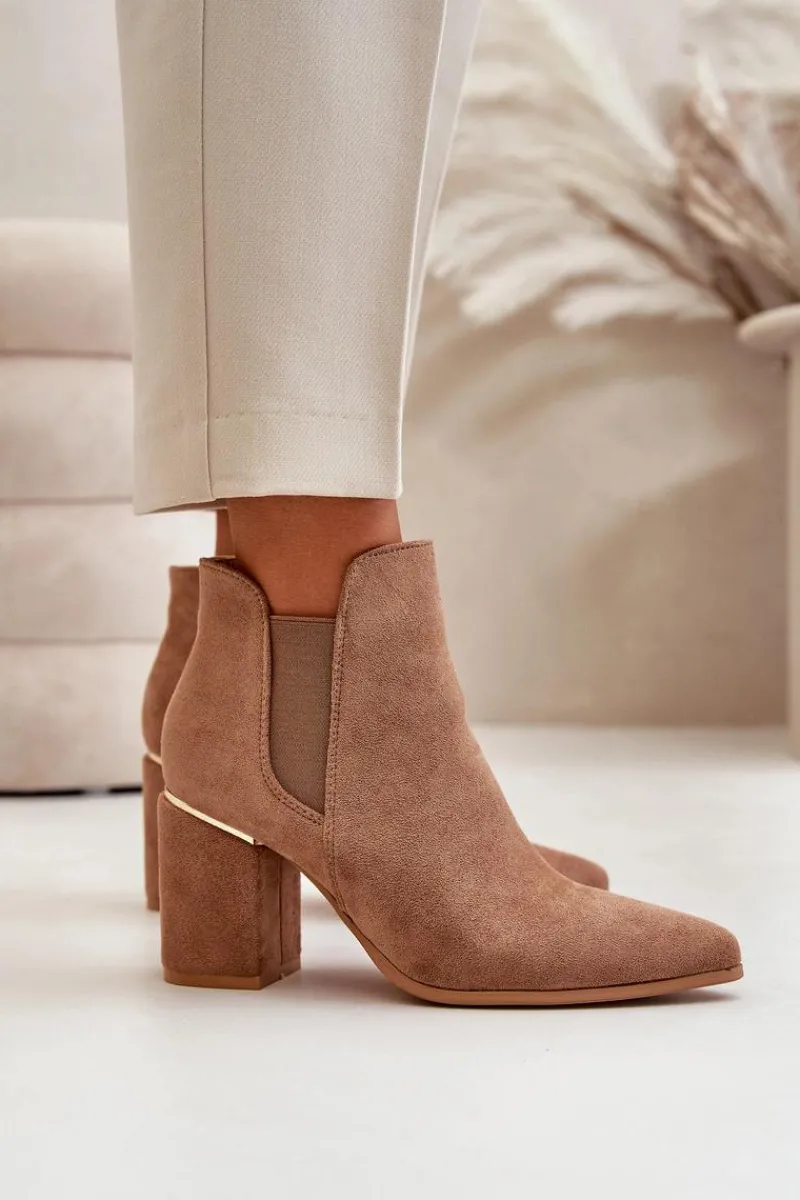 New Eko Zamszowe Botki Na Słupku Ocieplane Brązowe Daivine Damskie Brązowe I Beżowe Botki|Botki Na Obcasie