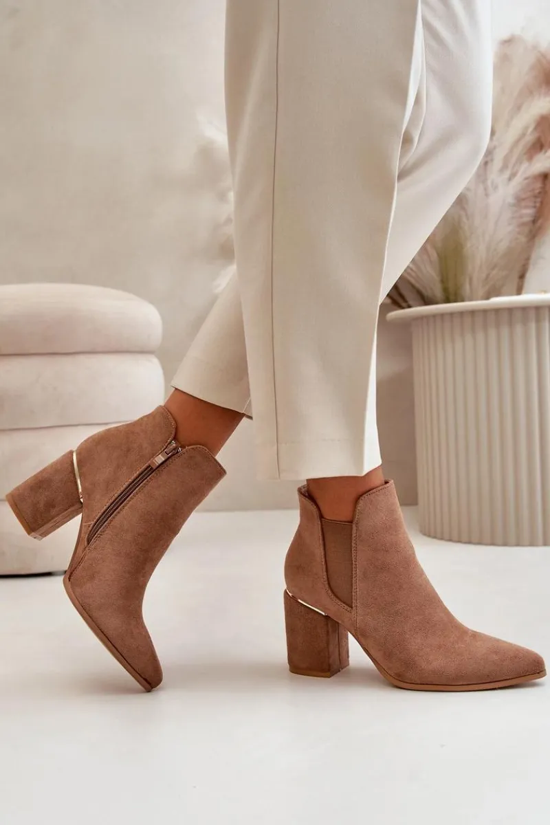 New Eko Zamszowe Botki Na Słupku Ocieplane Brązowe Daivine Damskie Brązowe I Beżowe Botki|Botki Na Obcasie