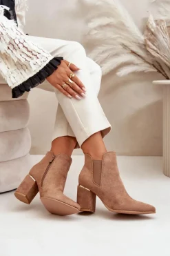 New Eko Zamszowe Botki Na Słupku Ocieplane Brązowe Daivine Damskie Brązowe I Beżowe Botki|Botki Na Obcasie