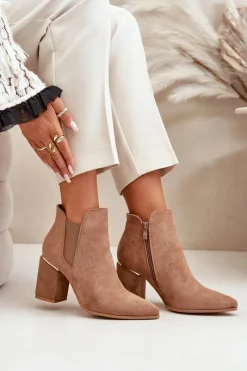 New Eko Zamszowe Botki Na Słupku Ocieplane Brązowe Daivine Damskie Brązowe I Beżowe Botki|Botki Na Obcasie