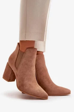 New Eko Zamszowe Botki Na Słupku Ocieplane Brązowe Daivine Damskie Brązowe I Beżowe Botki|Botki Na Obcasie