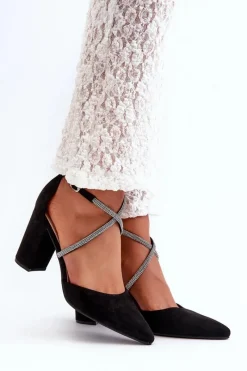 Best Eko Zamszowe Czółenka Na Słupku Z Cyrkoniami Czarne Lagra Damskie Czółenka Zamszowe|Czółenka Na Słupku