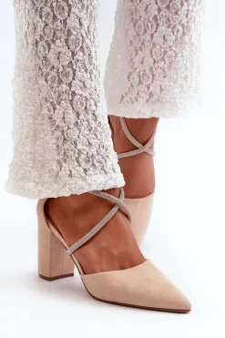 Clearance Boto Eko Zamszowe Czółenka Na Słupku Z Cyrkoniami Beżowe Lagra