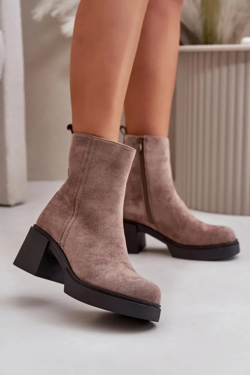 New Eko Zamszowe Damskie Botki Na Słupku Ocieplane Ciemnobeżowe Meriluna Damskie Brązowe I Beżowe Botki|Botki Na Obcasie