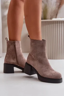 New Eko Zamszowe Damskie Botki Na Słupku Ocieplane Ciemnobeżowe Meriluna Damskie Brązowe I Beżowe Botki|Botki Na Obcasie