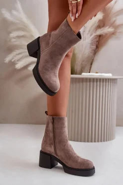 New Eko Zamszowe Damskie Botki Na Słupku Ocieplane Ciemnobeżowe Meriluna Damskie Brązowe I Beżowe Botki|Botki Na Obcasie