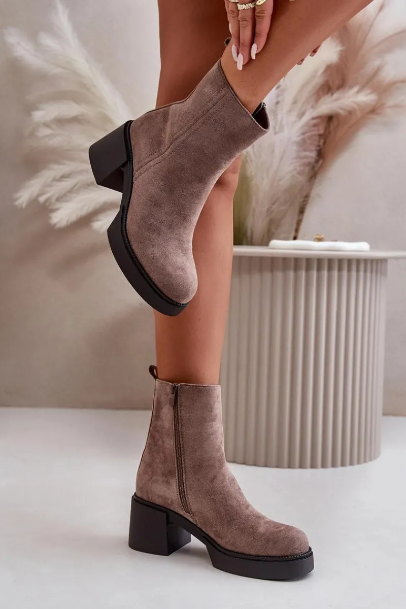 New Eko Zamszowe Damskie Botki Na Słupku Ocieplane Ciemnobeżowe Meriluna Damskie Brązowe I Beżowe Botki|Botki Na Obcasie