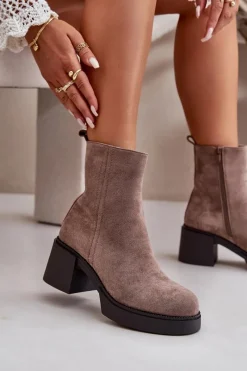 New Eko Zamszowe Damskie Botki Na Słupku Ocieplane Ciemnobeżowe Meriluna Damskie Brązowe I Beżowe Botki|Botki Na Obcasie