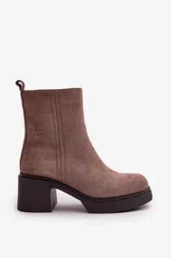 New Eko Zamszowe Damskie Botki Na Słupku Ocieplane Ciemnobeżowe Meriluna Damskie Brązowe I Beżowe Botki|Botki Na Obcasie