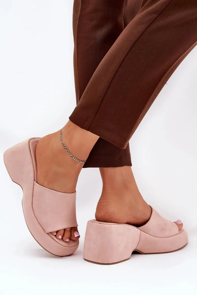 Eko Zamszowe Klapki Damskie Na Platformie I Koturnie Różowe Afisal Damskie Klapki Na Koturnie|Klapki Na Platformie