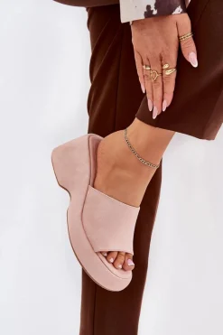 Eko Zamszowe Klapki Damskie Na Platformie I Koturnie Różowe Afisal Damskie Klapki Na Koturnie|Klapki Na Platformie