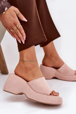 Eko Zamszowe Klapki Damskie Na Platformie I Koturnie Różowe Afisal Damskie Klapki Na Koturnie|Klapki Na Platformie