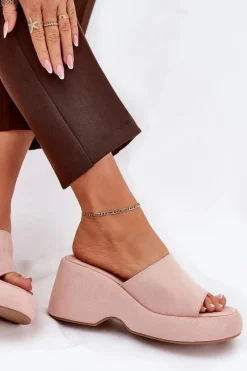 Eko Zamszowe Klapki Damskie Na Platformie I Koturnie Różowe Afisal Damskie Klapki Na Koturnie|Klapki Na Platformie