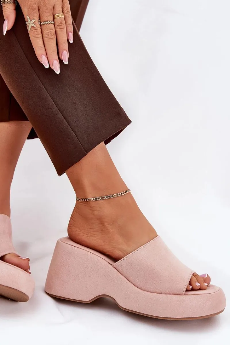 Eko Zamszowe Klapki Damskie Na Platformie I Koturnie Różowe Afisal Damskie Klapki Na Koturnie|Klapki Na Platformie